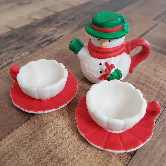 Vintage R.O.C mini snowman ceramic tea set teapot cups saucers holiday Christmas - Picture 16 of 16